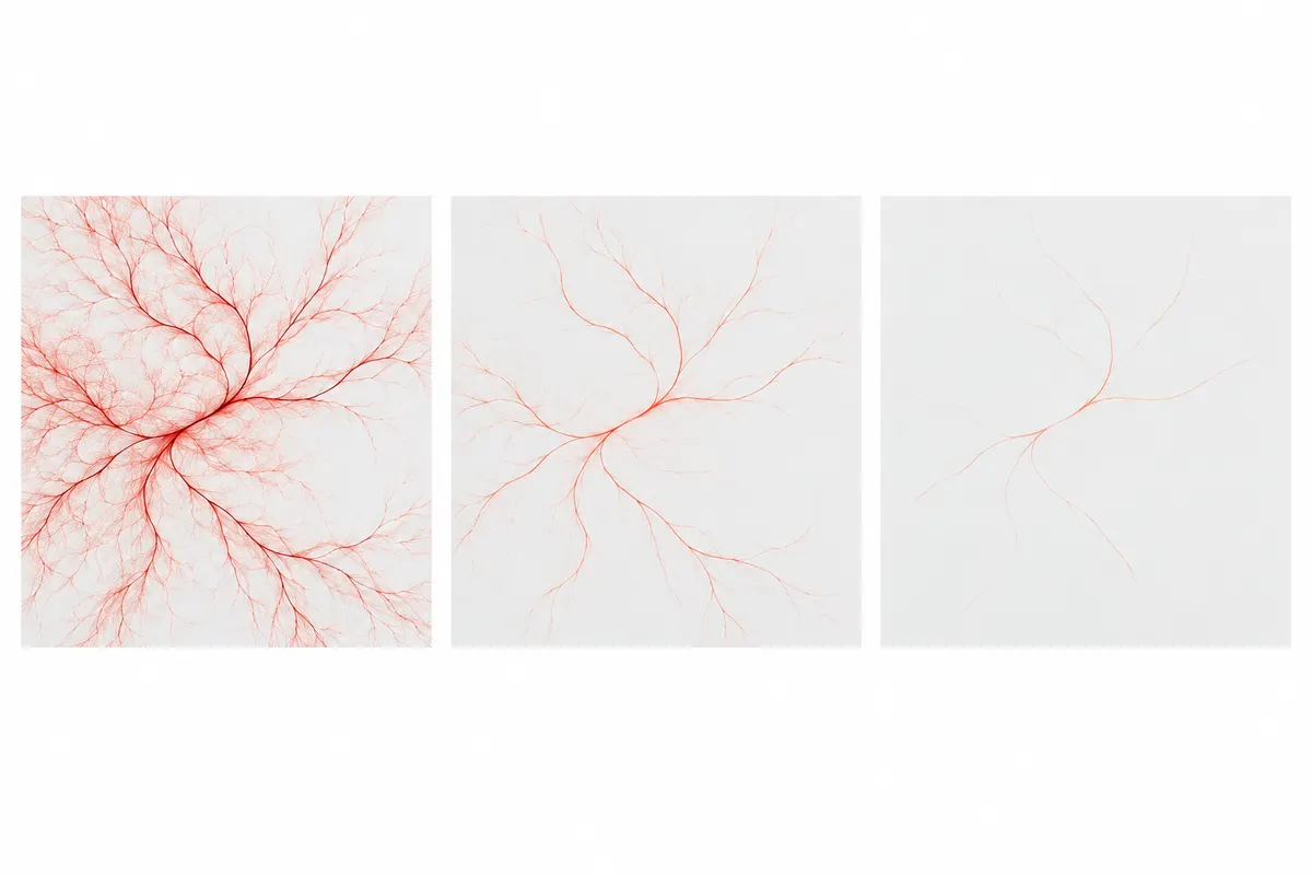 Three square panels side by side showing a network of fine coral branching lines becoming fainter and sparser from left to right