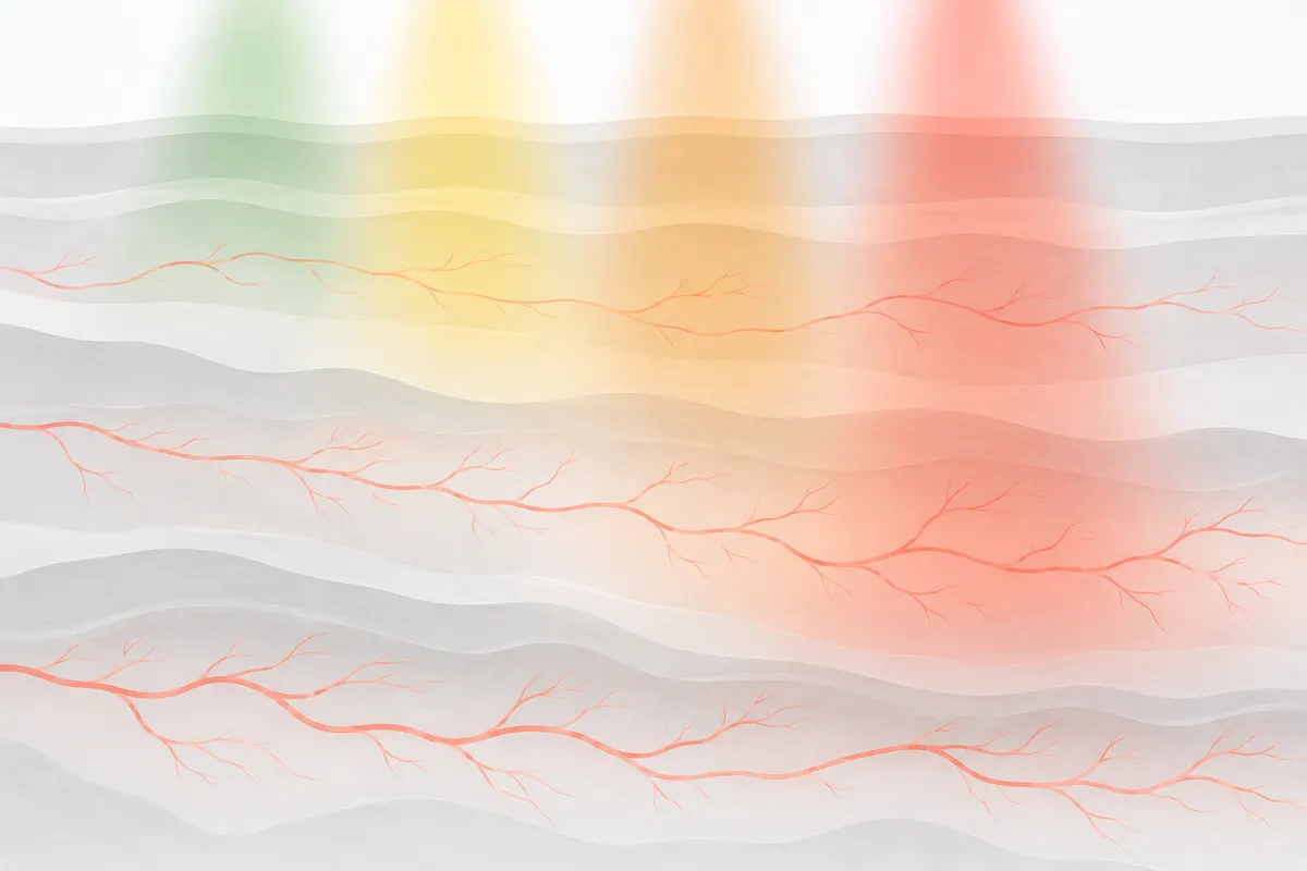 Four soft bands of green, yellow, amber and deep coral light fanning down into layered pale strata, each fading at a different depth beside fine coral vessel lines