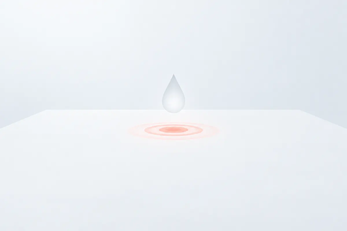 A single clear droplet landing on a pale tile, with a coral ripple spreading only where the droplet touched