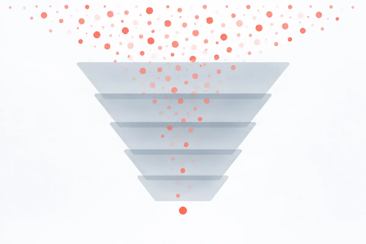 Scattered coral, rose and pale red dots passing through five stacked translucent slate filters that narrow them to a single coral dot