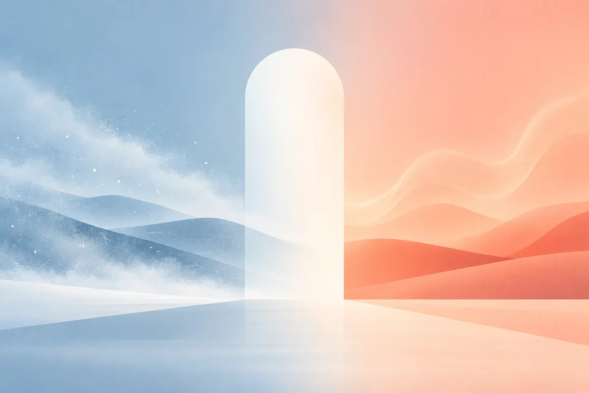 Abstract doorway shape dividing cool blue tones on the left from warm coral tones on the right