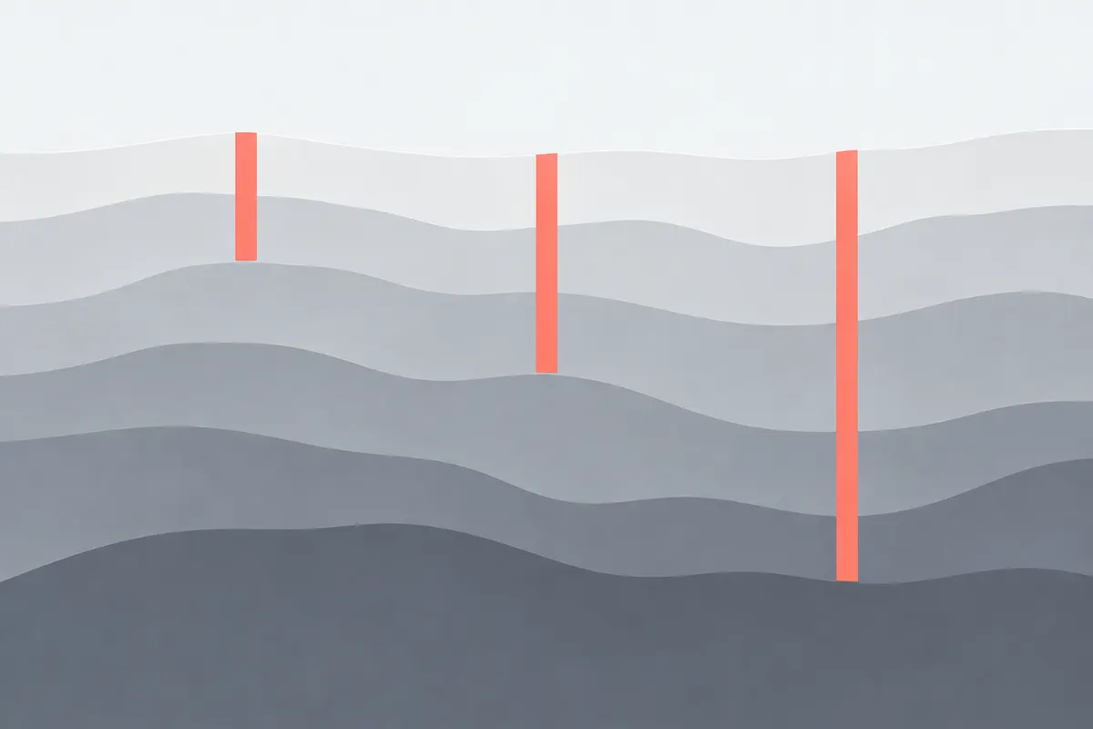Layered cross-section in cool greys with three coral columns reaching shallow, middle and deep layers