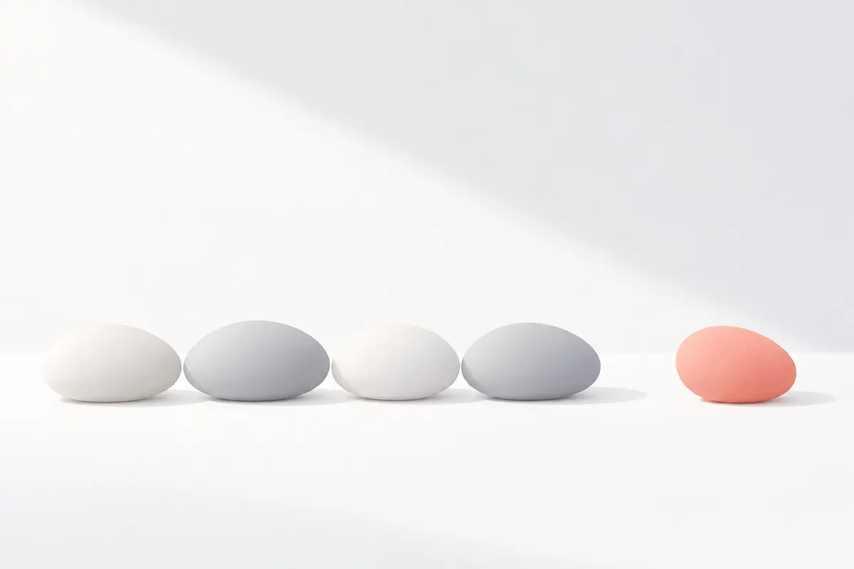 A short row of four smooth pebbles in white and pale grey, evenly spaced, with one coral pebble set slightly apart