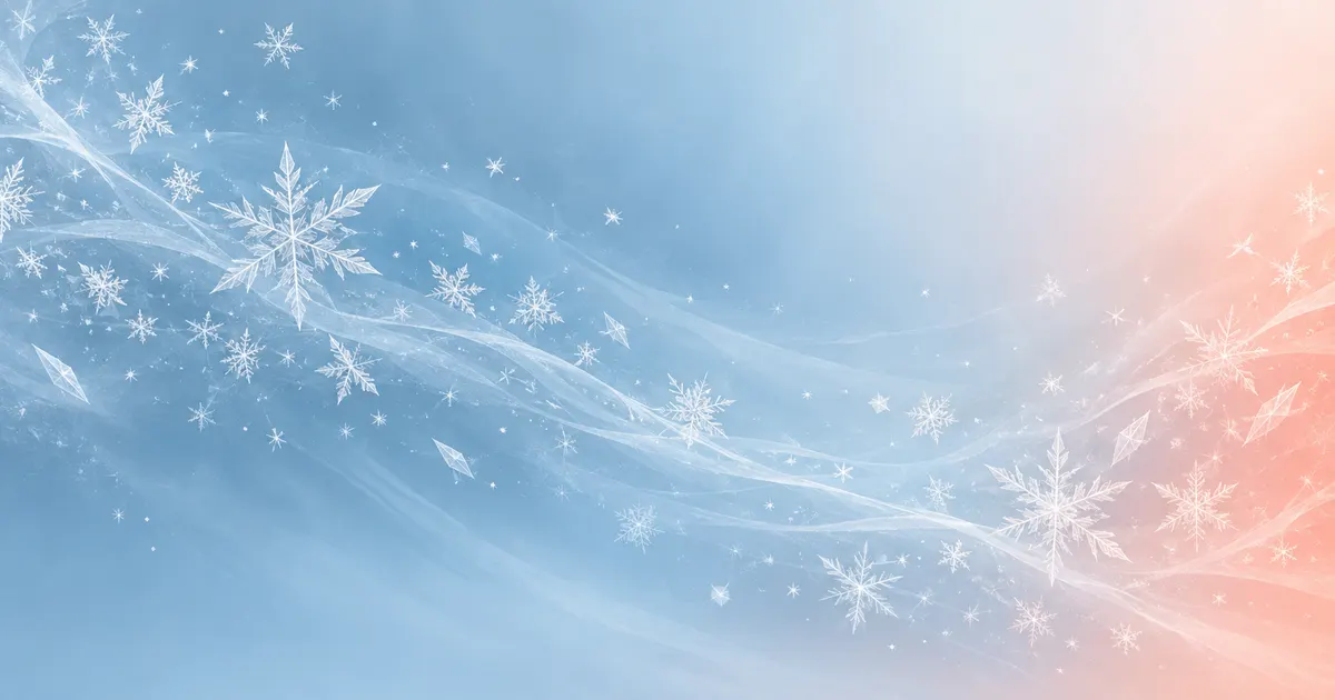 White frost crystals drifting across a cool blue field towards soft coral warmth